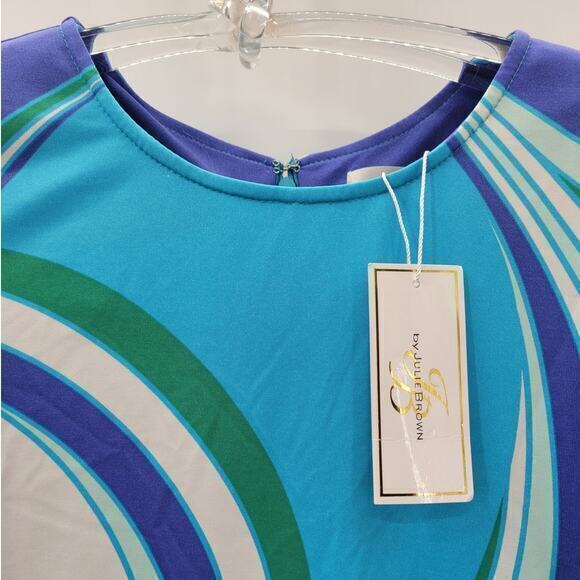 HP Julie Brown Blue Abstract Long Sleeve Stretchy Shift Dress 90s does 60s - Picture 6 of 16